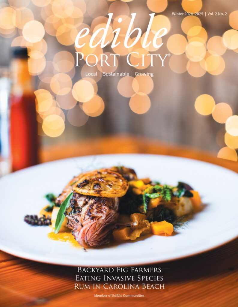 cover of the winter issue of Edible Port city magazine. it's a fish on a plate with sp
